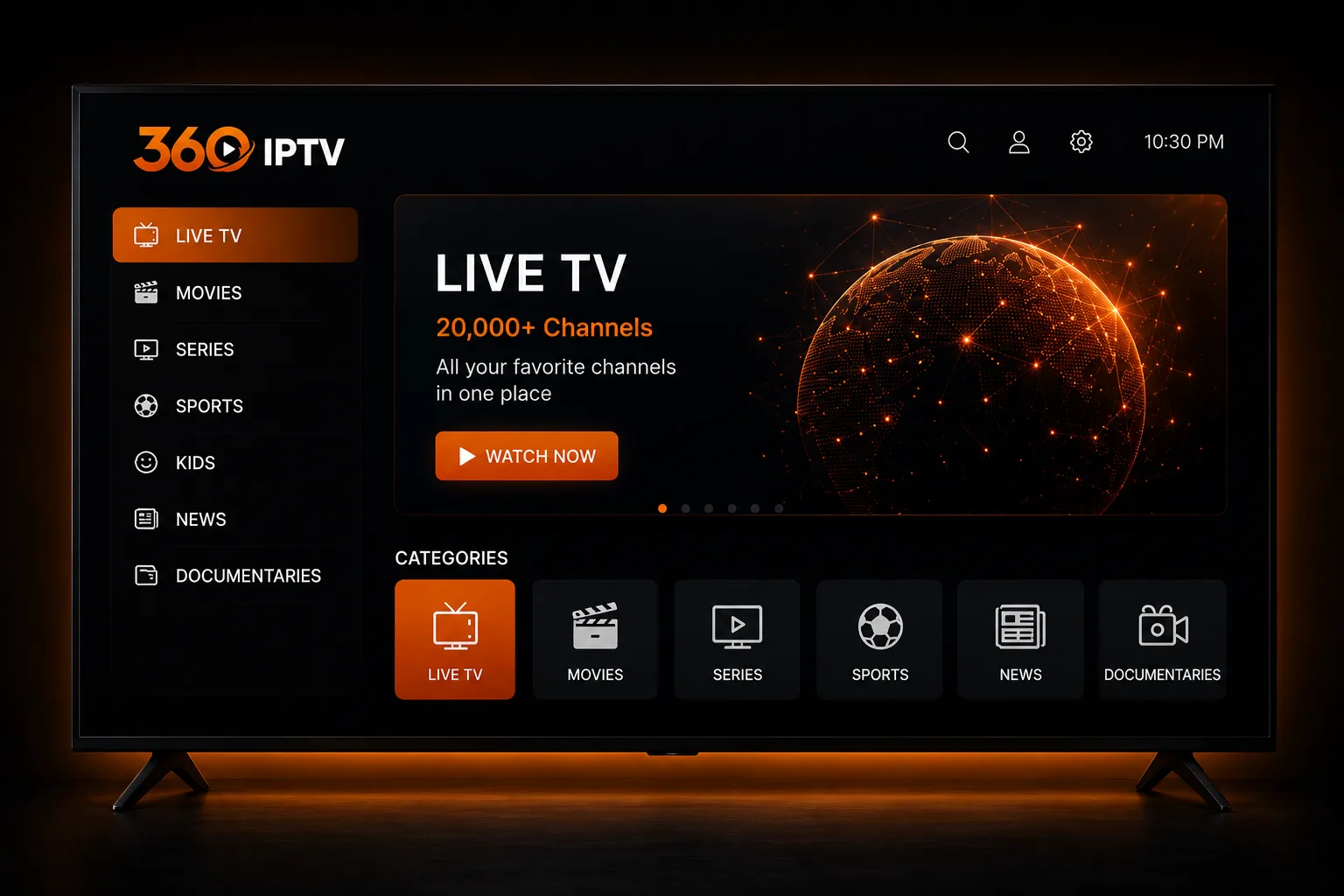 360IPTV streaming interface shown on a TV, with live channels, movies, series and sports categories in a dark, orange-lit setting